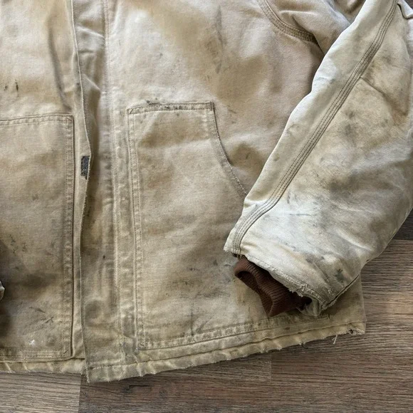 VTG‎ Carhartt Quilt Lined Canvas Chore Barn Coat Corduroy Collar Tan Distressed